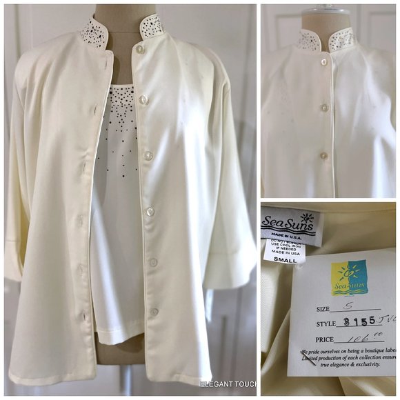 Sea Suns Collared Button Up Jacket Top Tank Set White Beaded vgt 2 pc SMALL - Picture 2 of 14